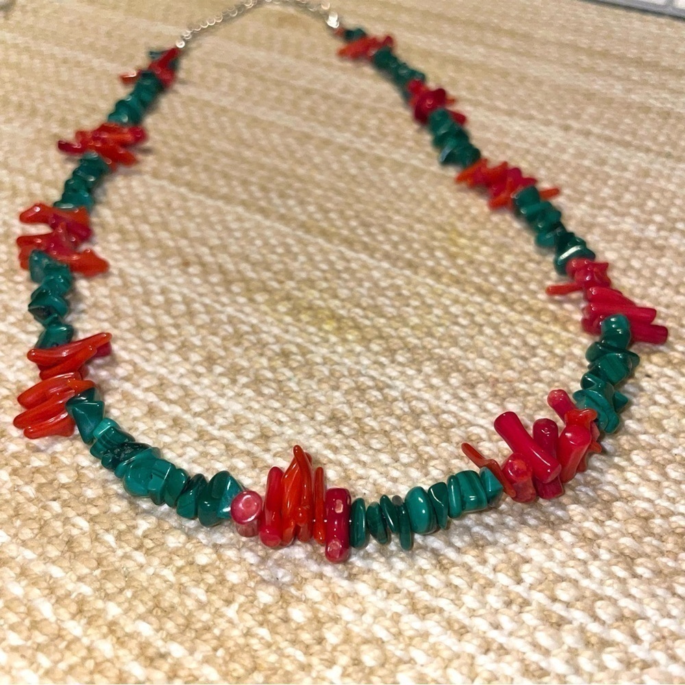 Red Dyed Coral Bamboo and Malachite Handmade Necklace - Picture 1 of 4